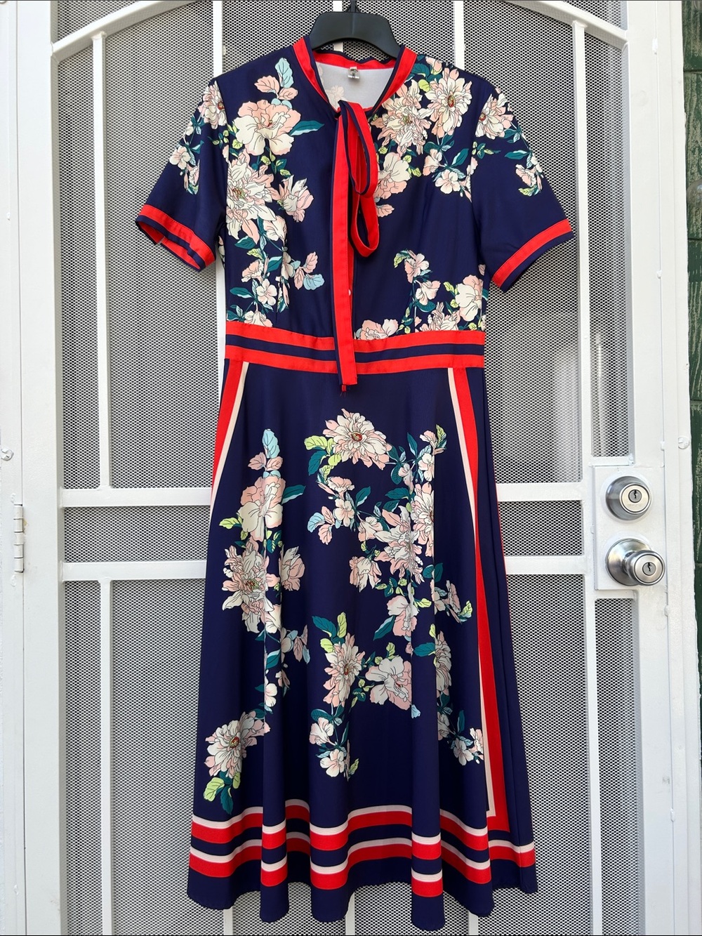 Navy Floral Tie-Neck Midi Dress with Red Trim